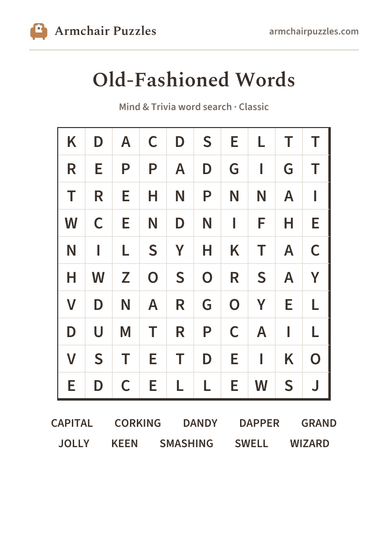 The printable Old-Fashioned Words word search sheet