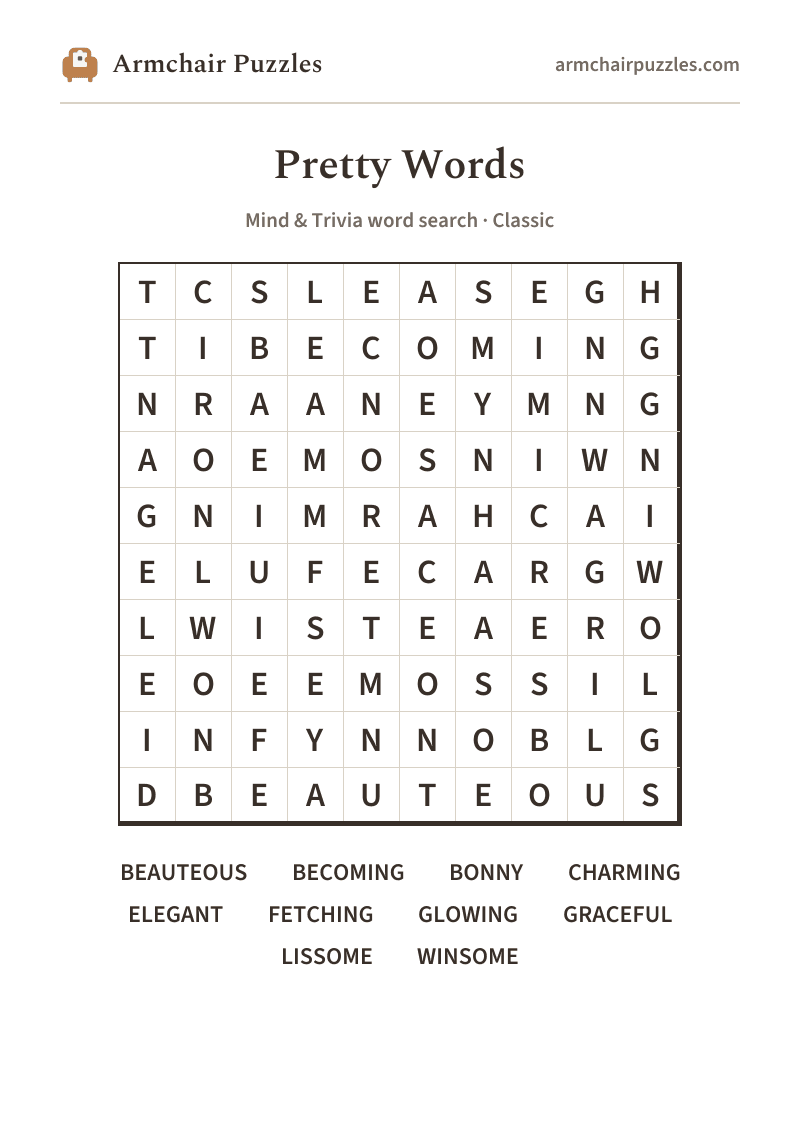 The printable Pretty Words word search sheet in large print