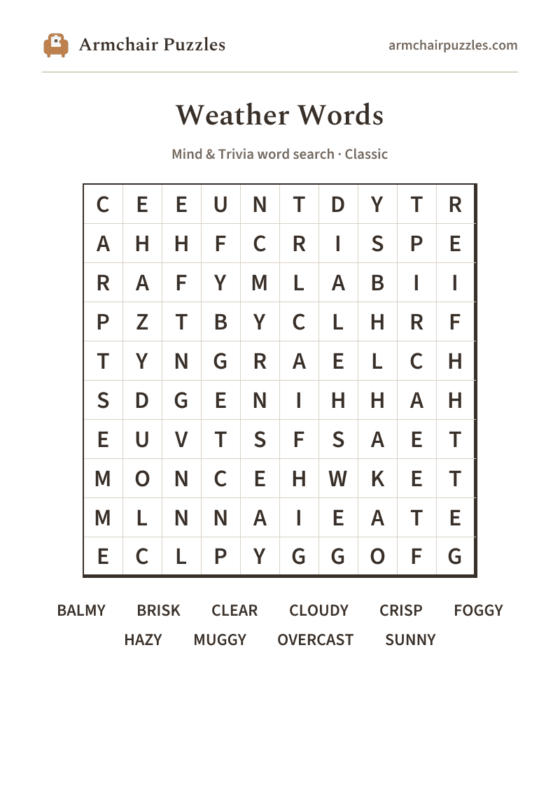 The printable Weather Words word search sheet
