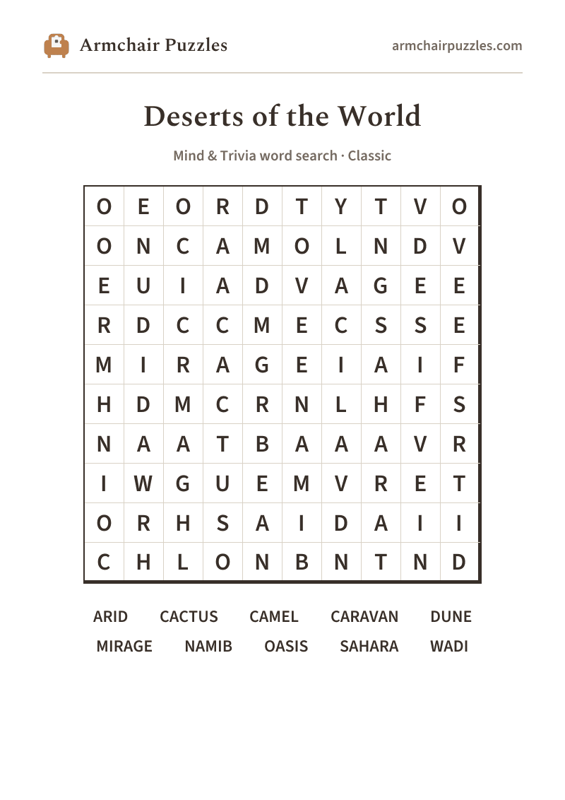 The printable Deserts of the World word search sheet