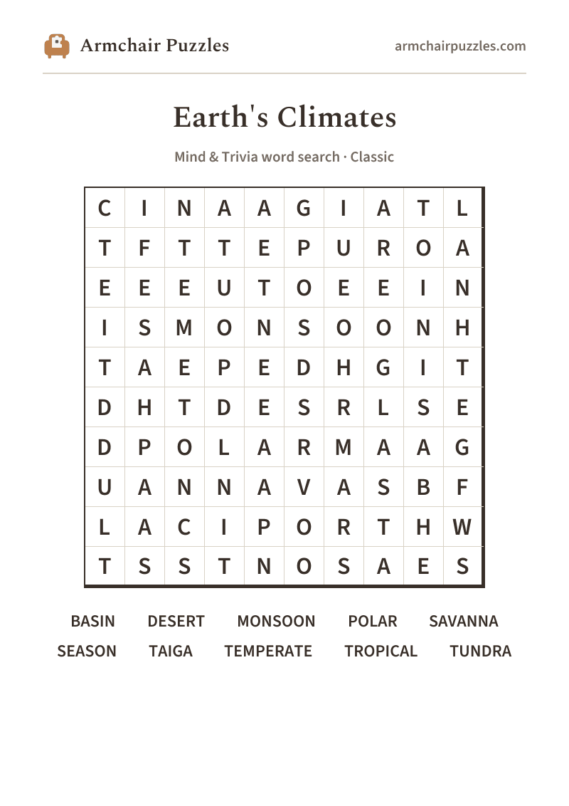 The printable Earth's Climates word search sheet