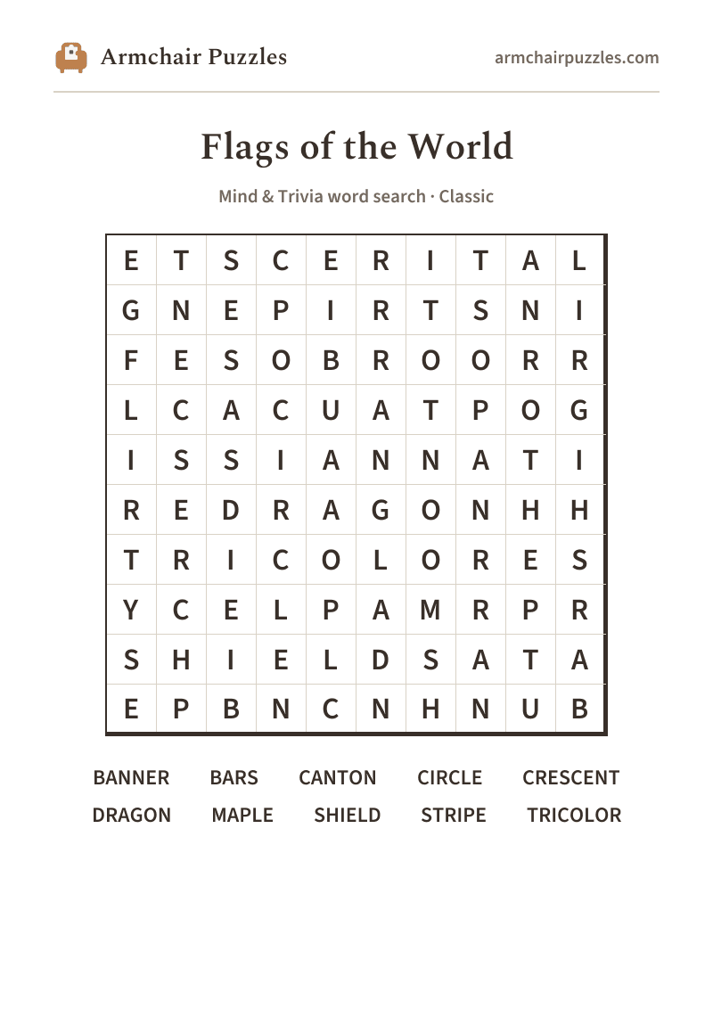 The printable Flags of the World word search sheet