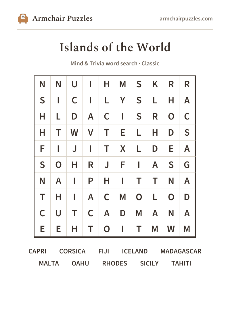 The printable Islands of the World word search sheet