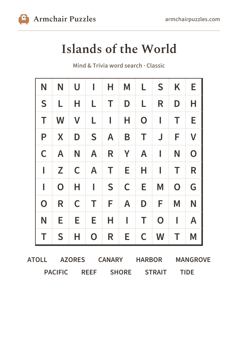 The printable Islands of the World word search sheet