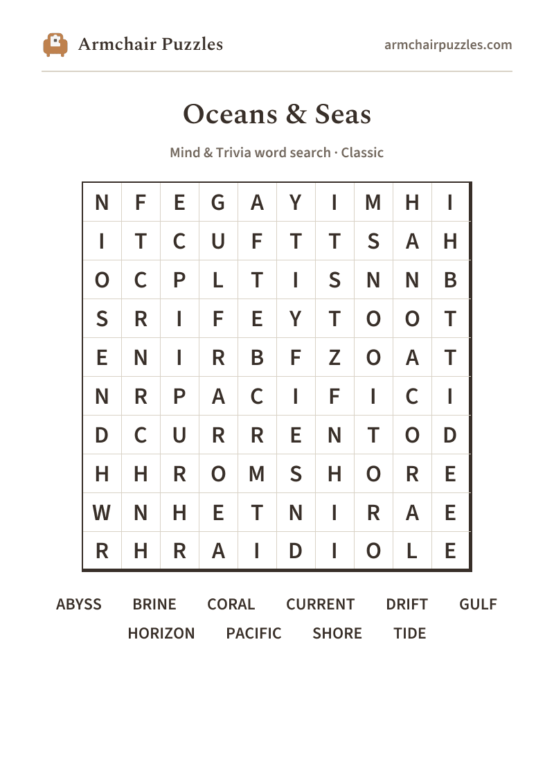 The printable Oceans & Seas word search sheet