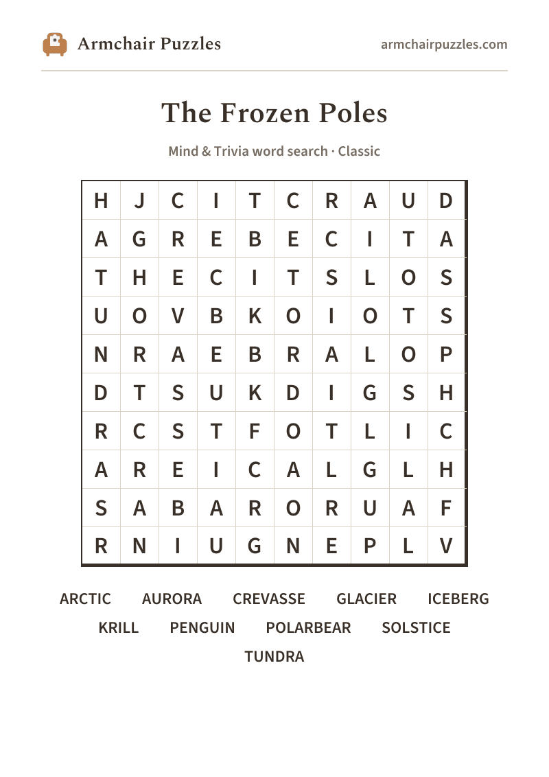 The printable The Frozen Poles word search sheet