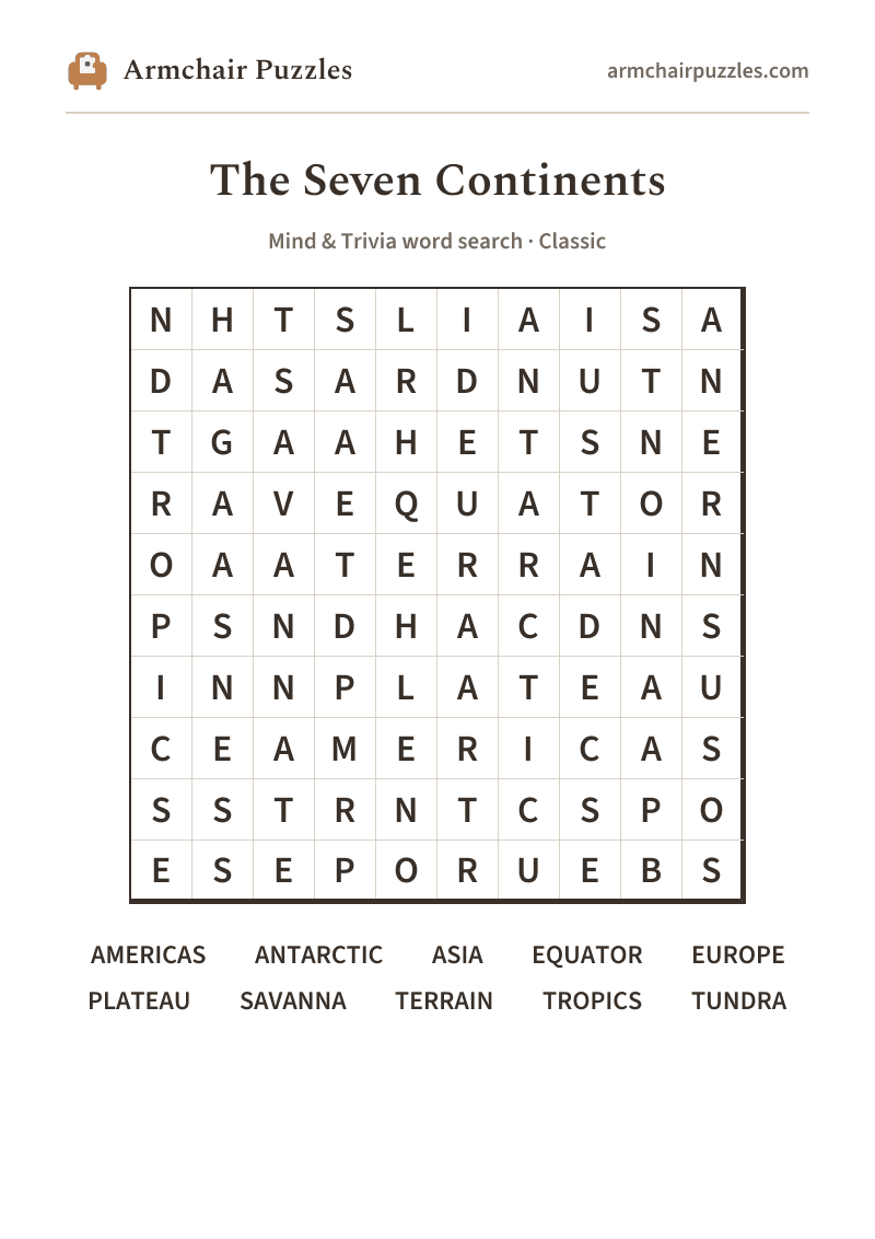The printable The Seven Continents word search sheet