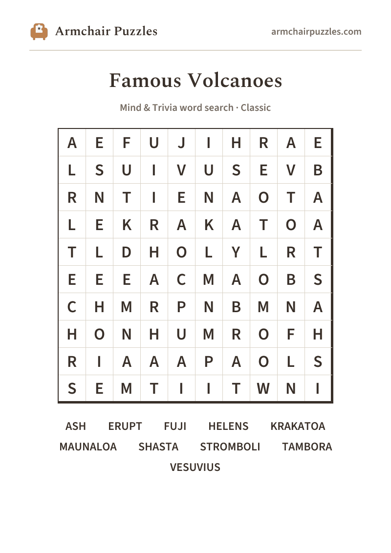The printable Volcanoes word search sheet