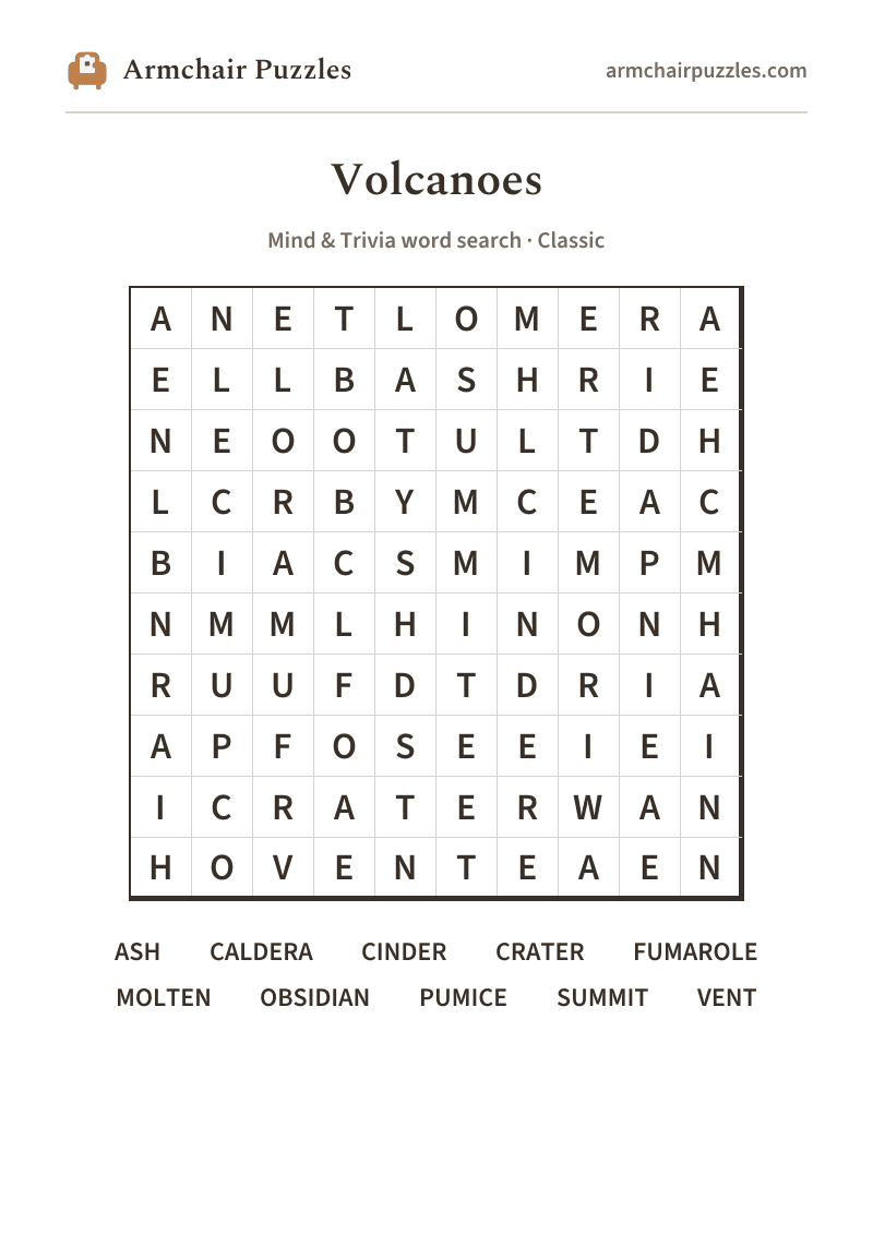 The printable Volcanoes word search sheet