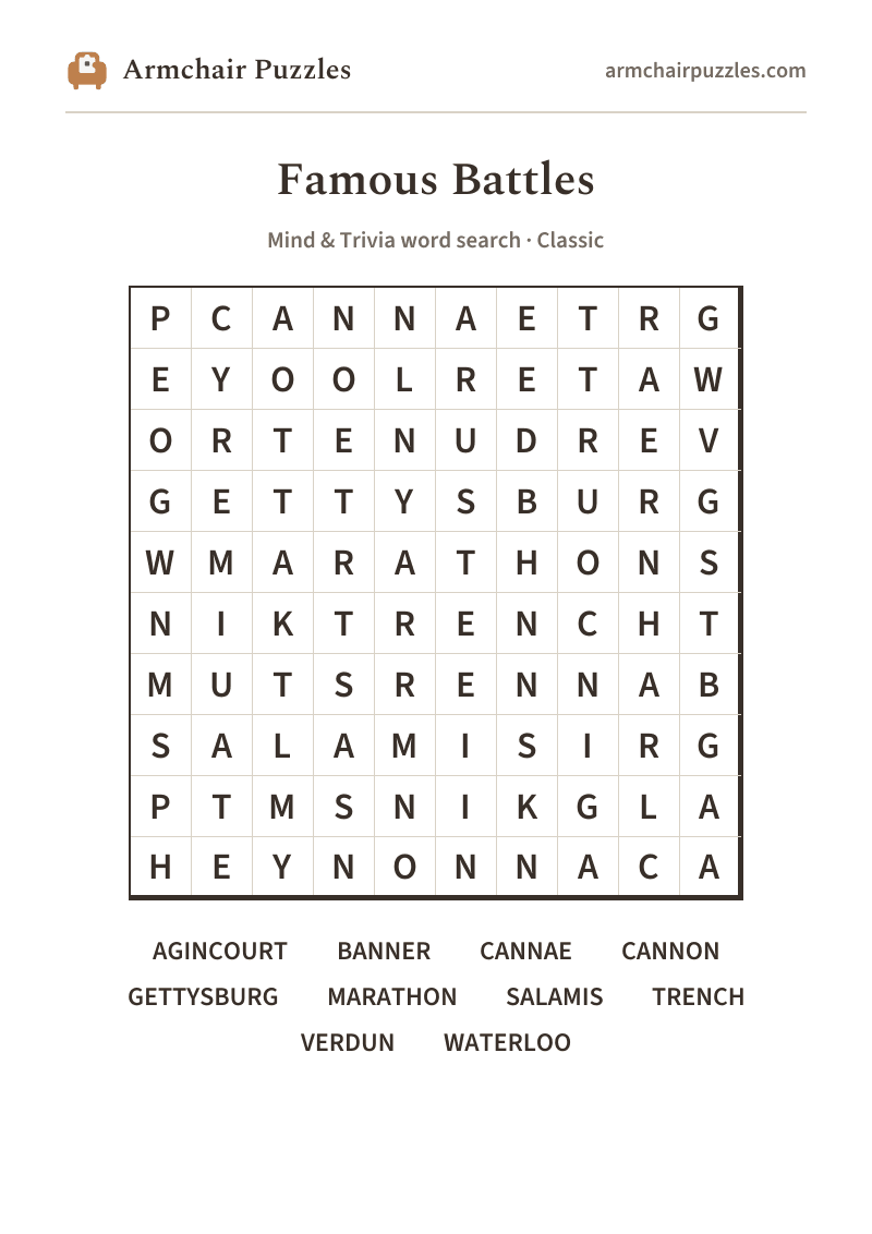The printable Famous Battles word search sheet: large-print Classic grid with its word list