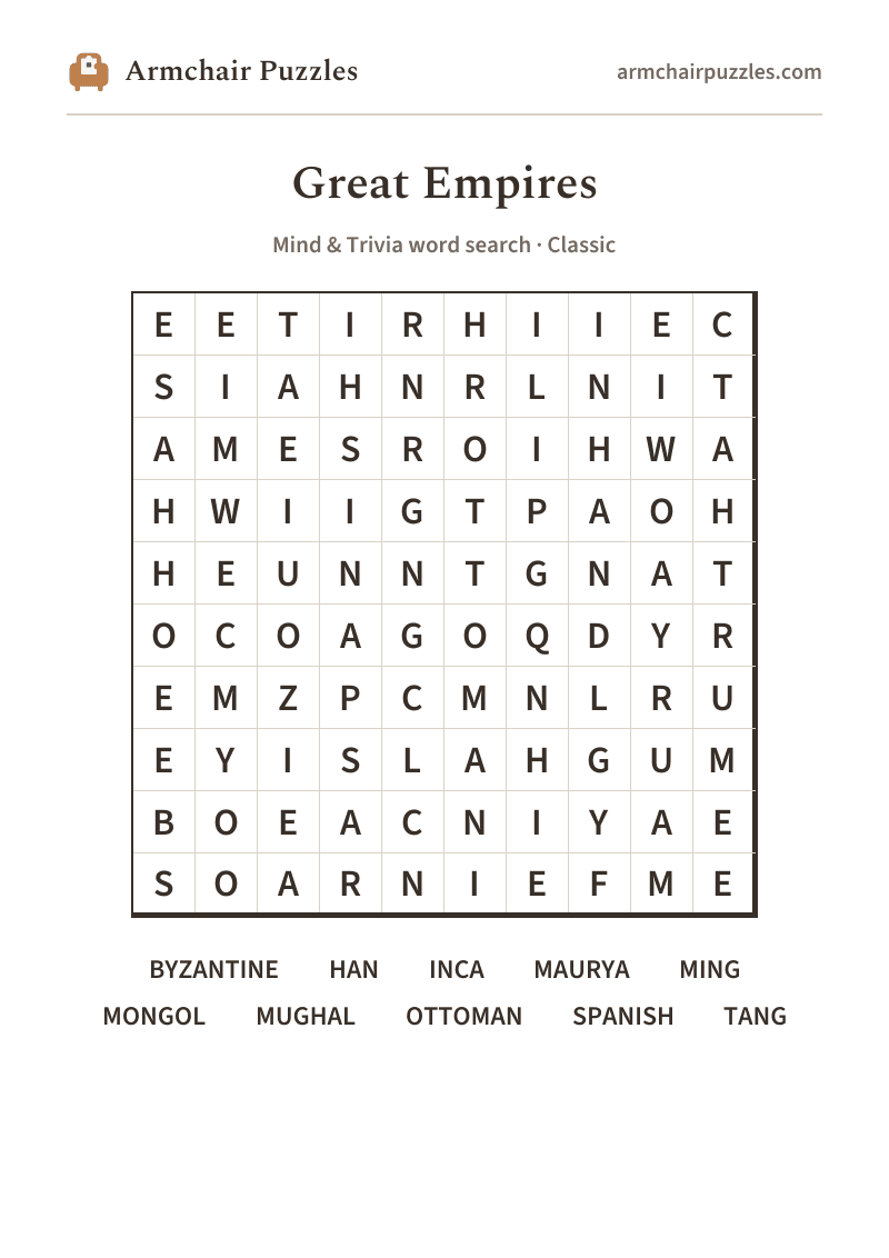 The printable Great Empires word search sheet