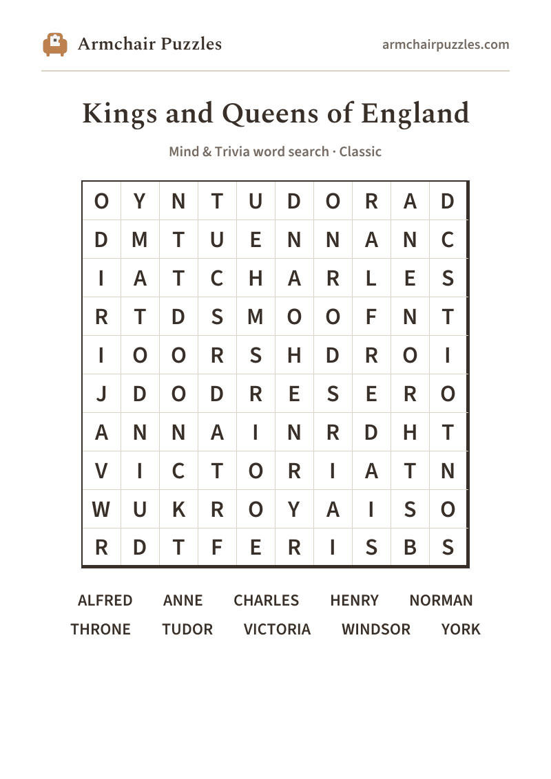 The printable Kings and Queens of England word search sheet