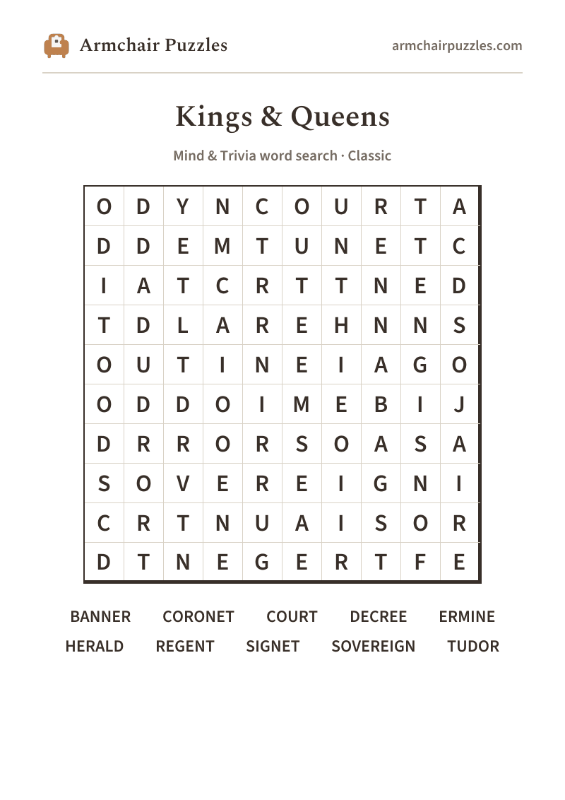 The printable Kings & Queens word search sheet: large-print Classic grid with its word list