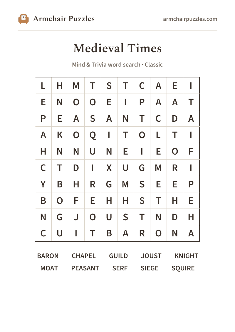 The printable Medieval Times word search sheet in large print