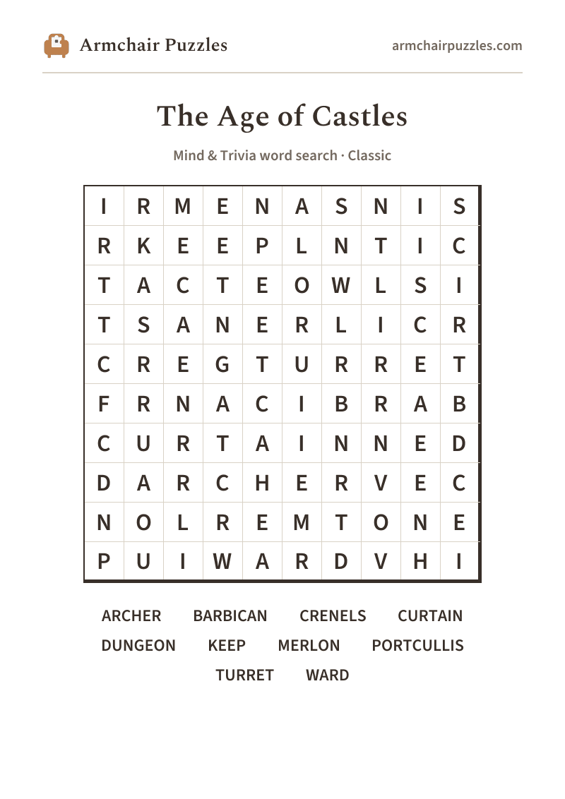 The printable The Age of Castles word search sheet: large-print Classic grid with its word list