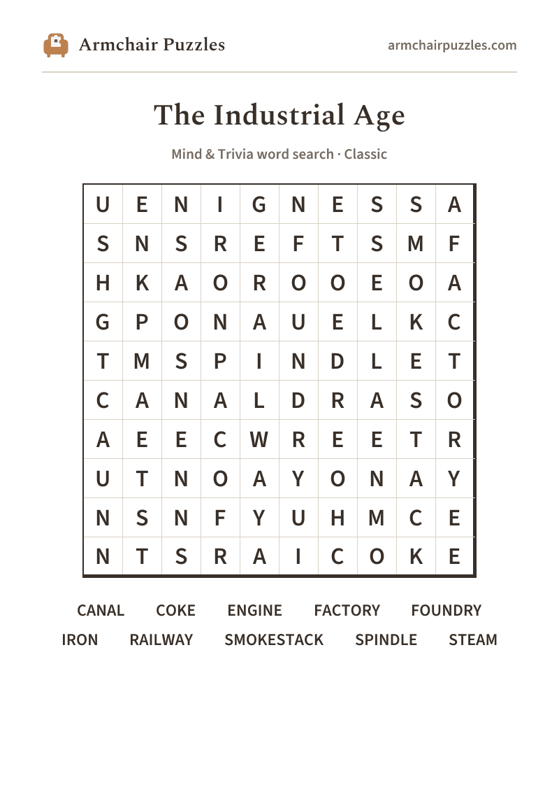 The printable The Industrial Age word search sheet: large-print Classic grid with its word list