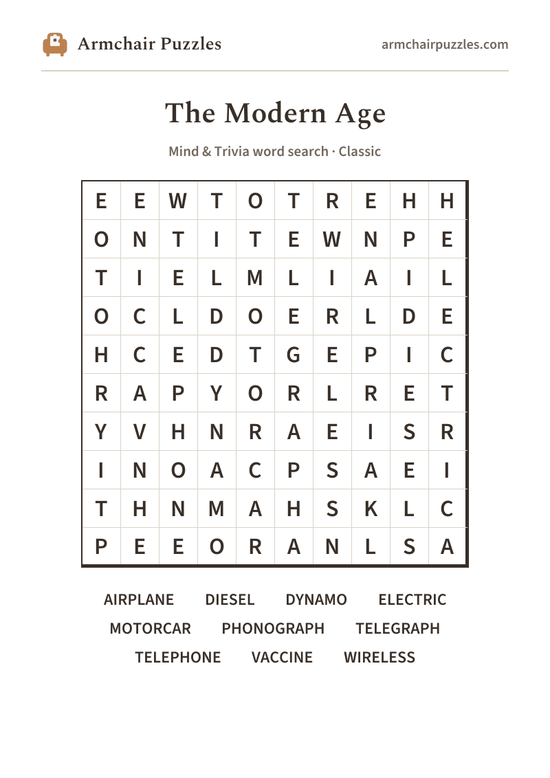 The printable The Modern Age word search sheet
