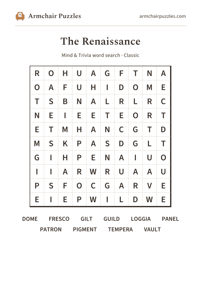 The printable The Renaissance word search sheet