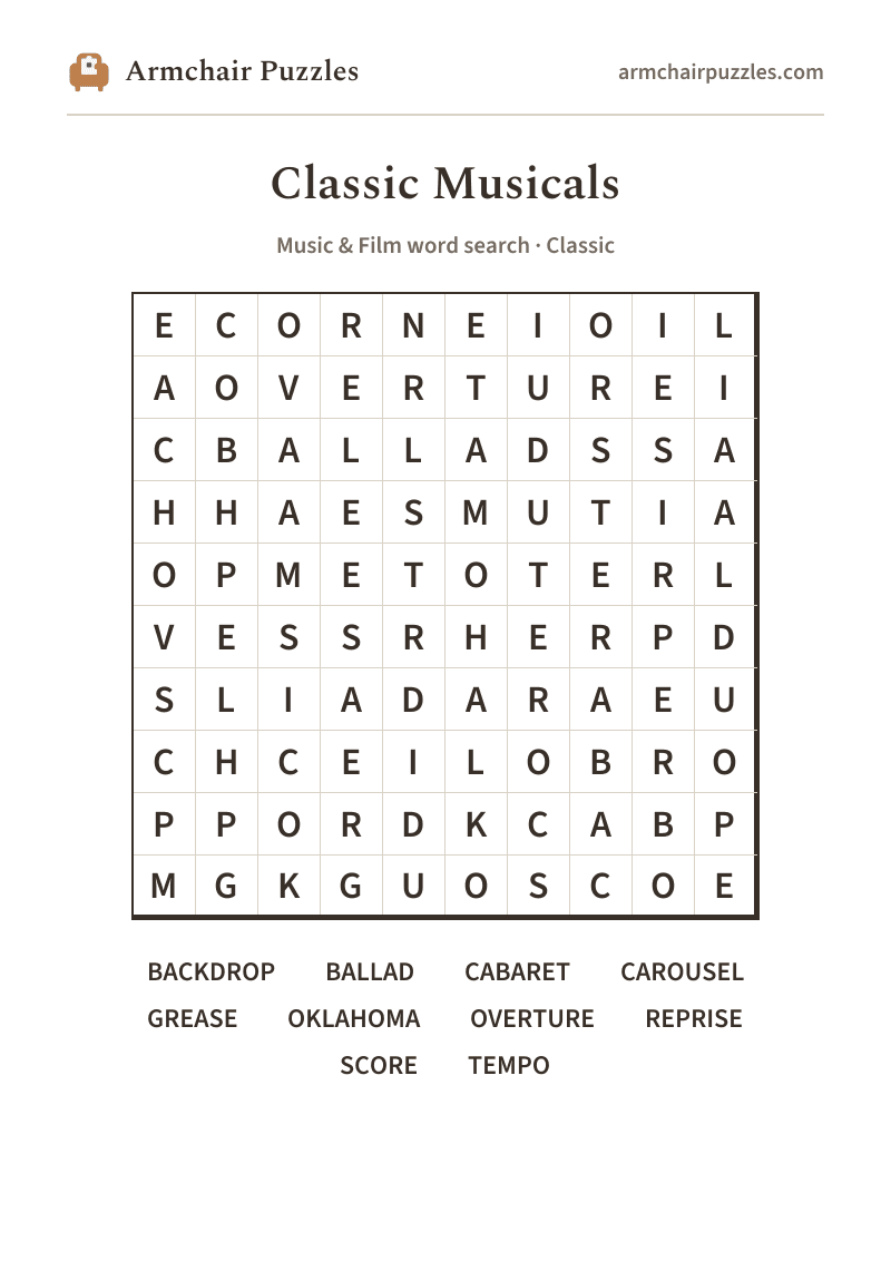 The printable Classic Musicals word search sheet