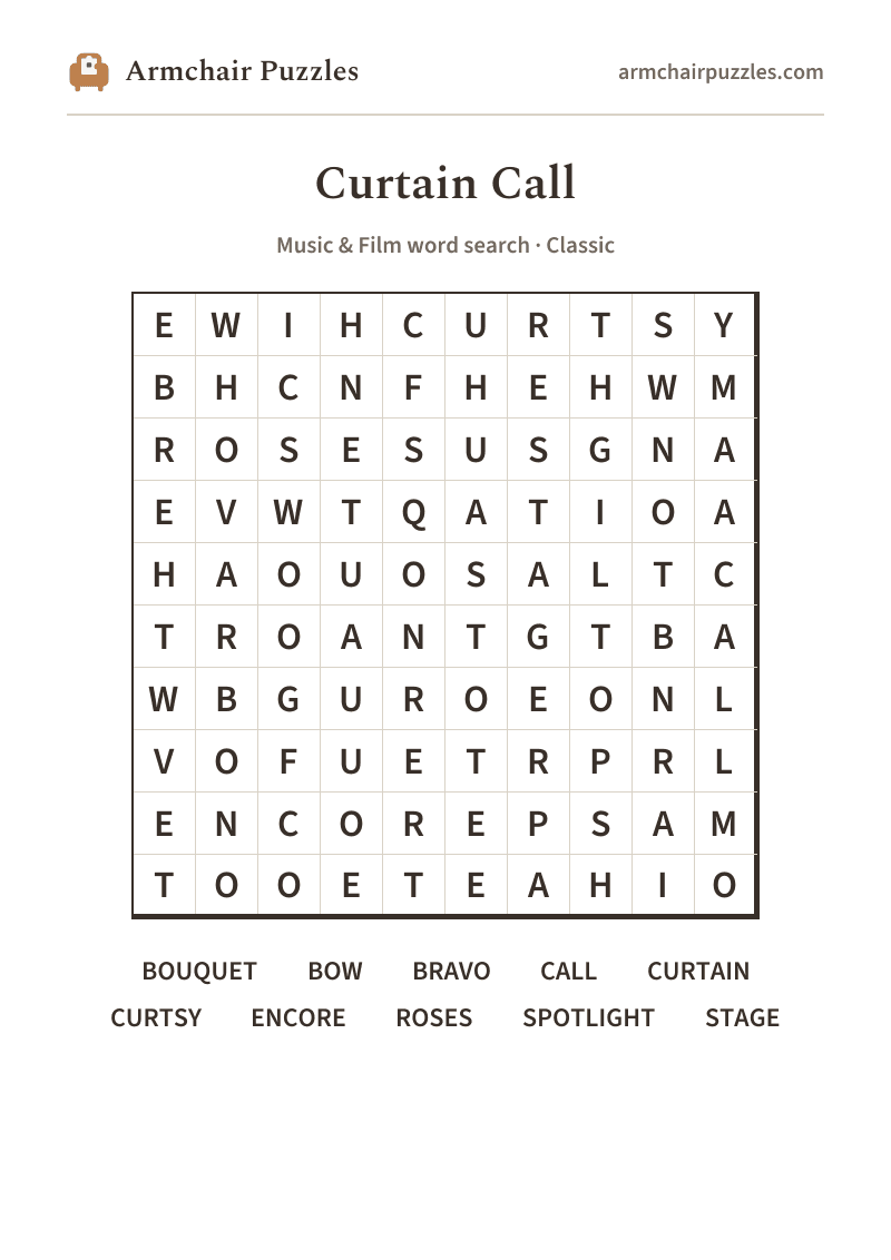 The printable Curtain Call word search sheet