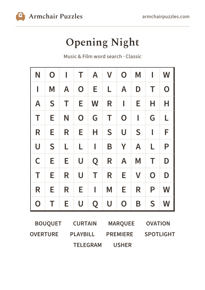 The printable Opening Night word search sheet