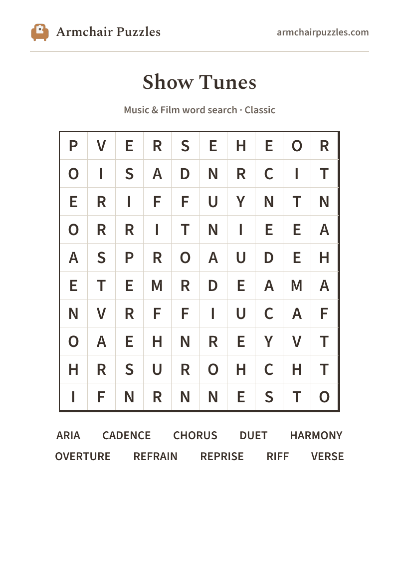 The printable Show Tunes word search sheet