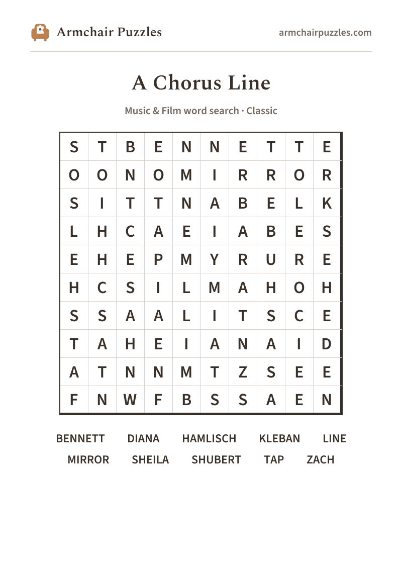 The printable A Chorus Line word search sheet: large-print Classic grid with its word list
