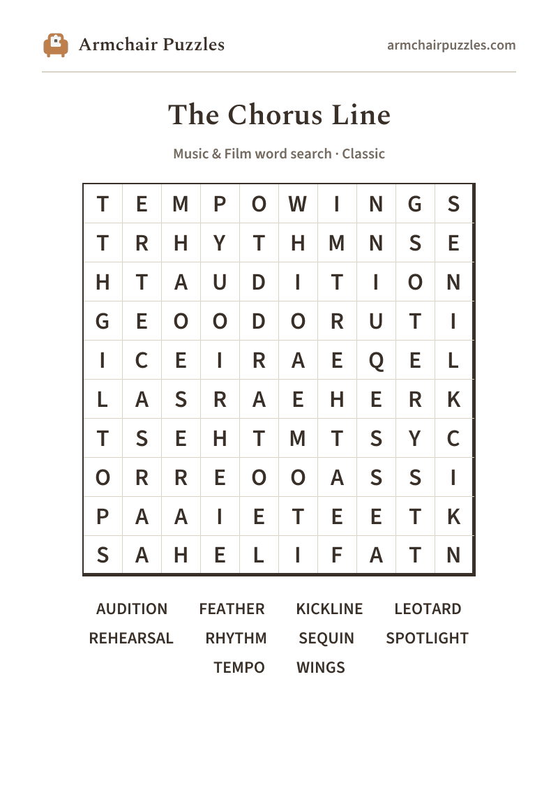 The printable The Chorus Line word search sheet