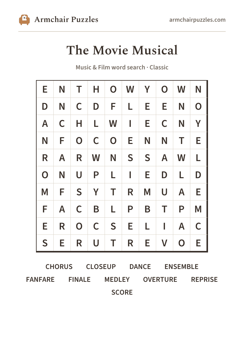 The printable The Movie Musical word search sheet