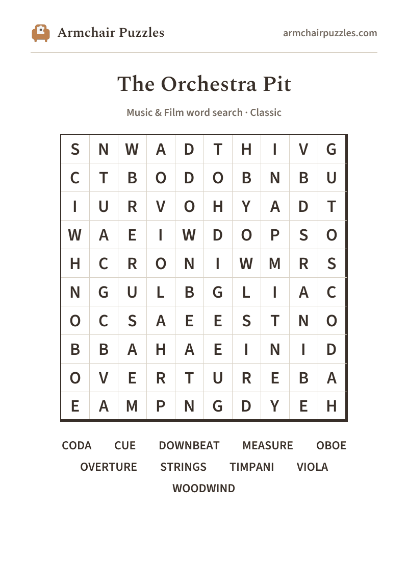 The printable The Orchestra Pit word search sheet