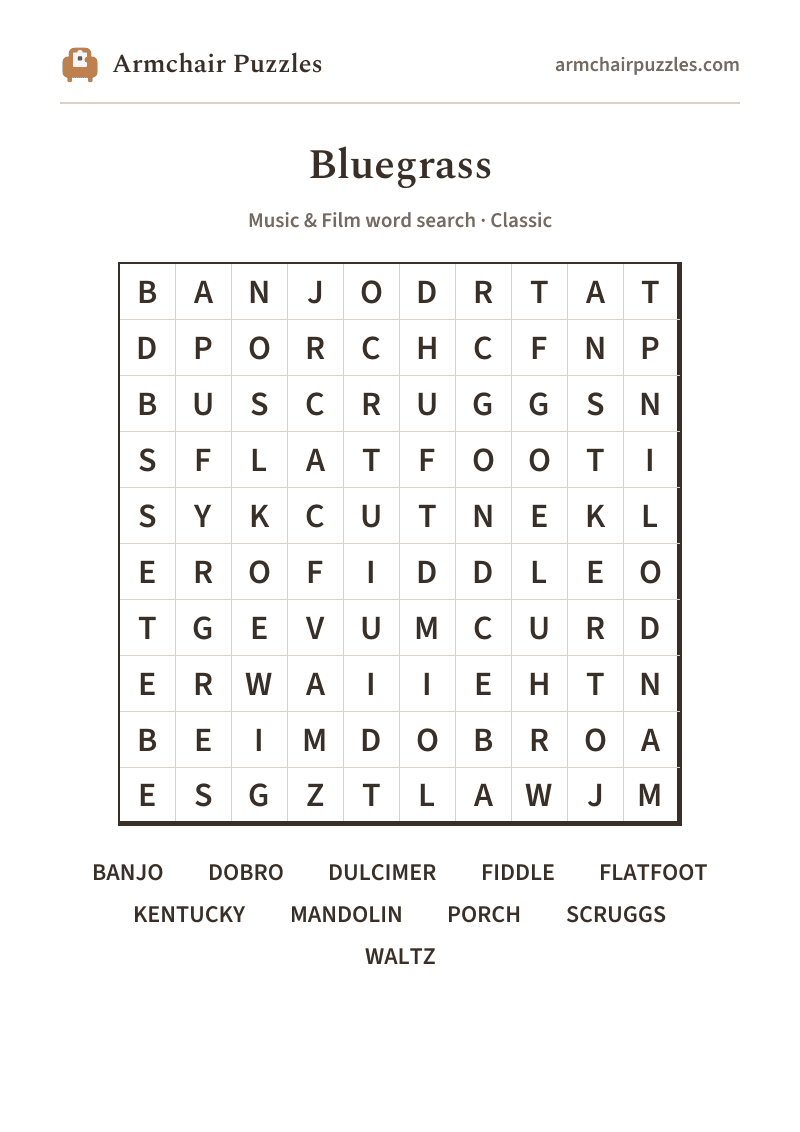 The printable Bluegrass word search sheet