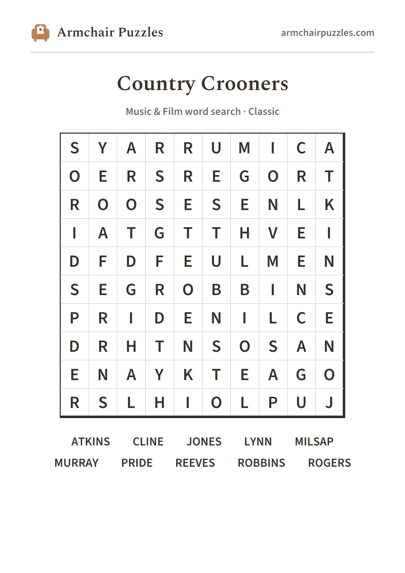 The printable Country Crooners word search sheet