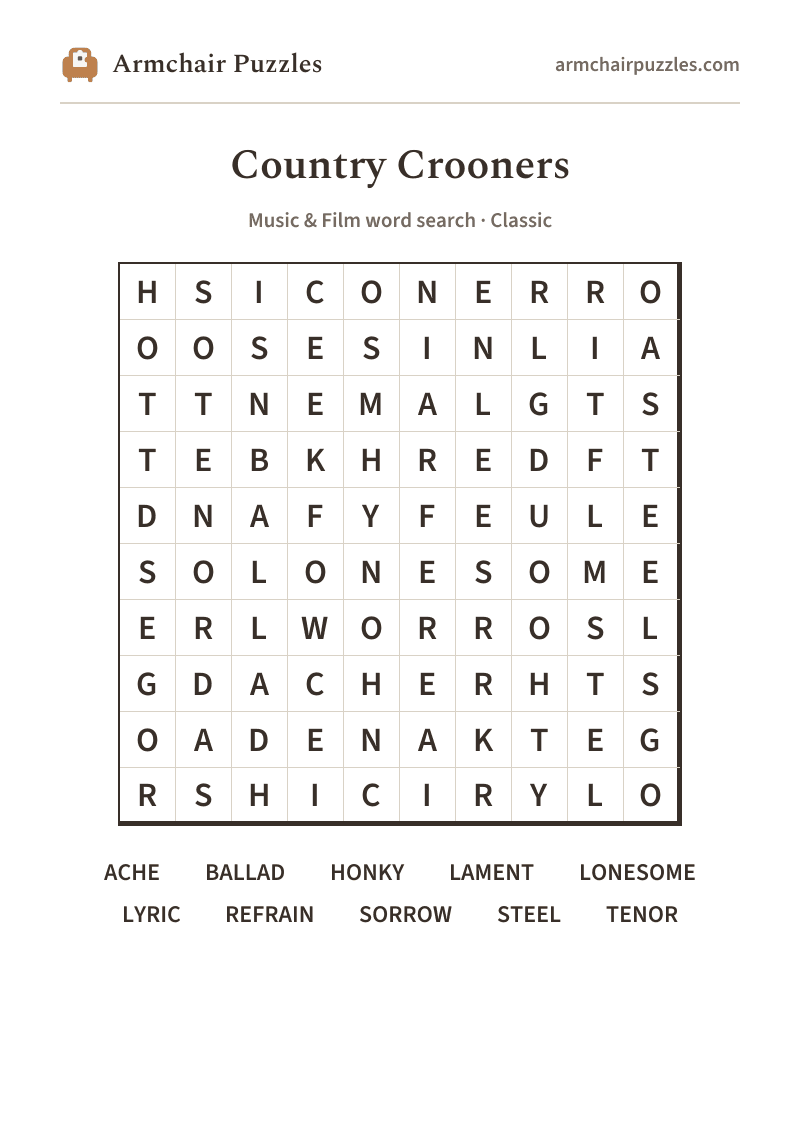 The printable Country Crooners word search sheet