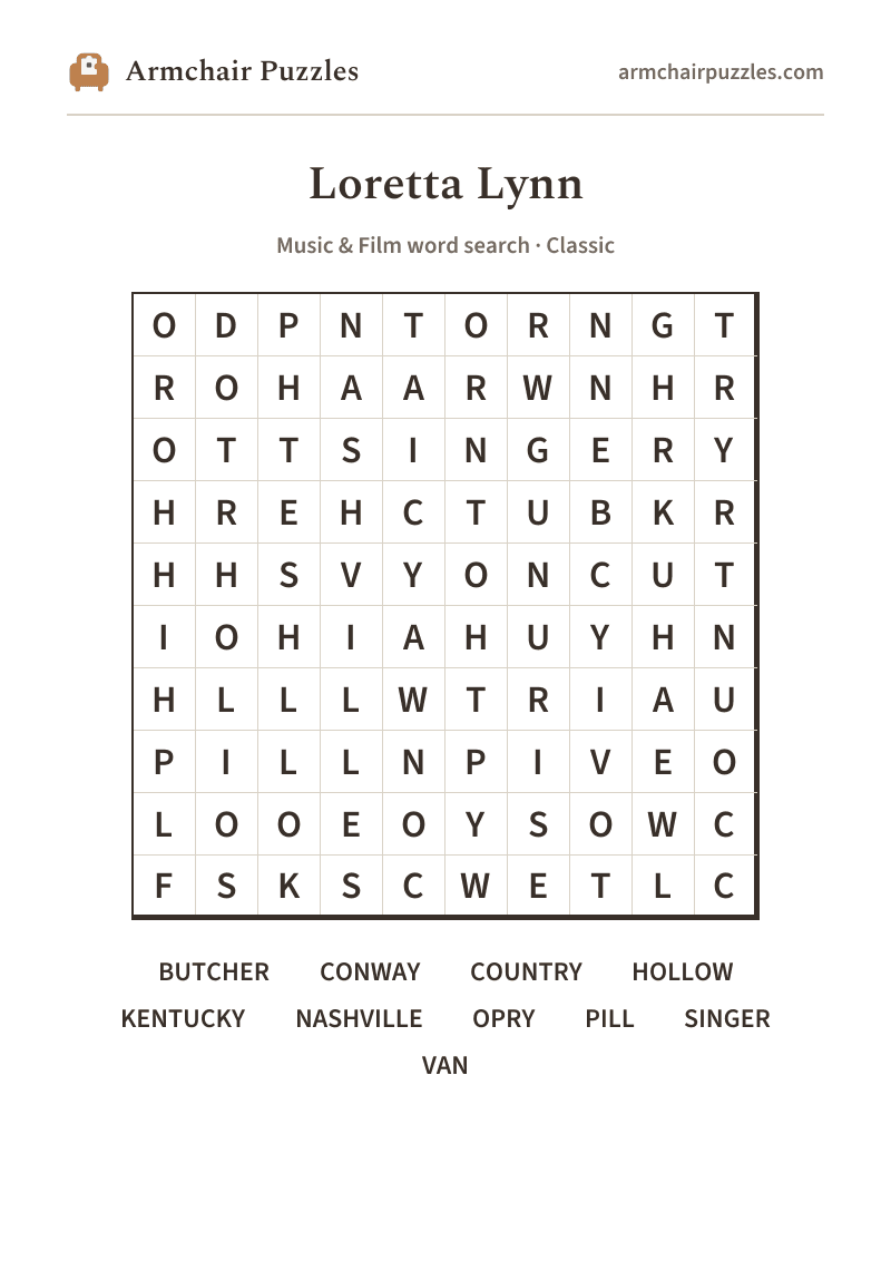 The printable Loretta Lynn word search sheet in large print