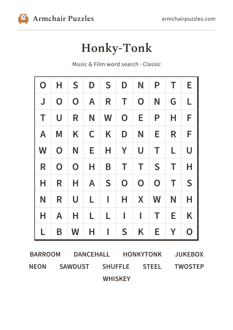 The printable Honky-Tonk word search sheet