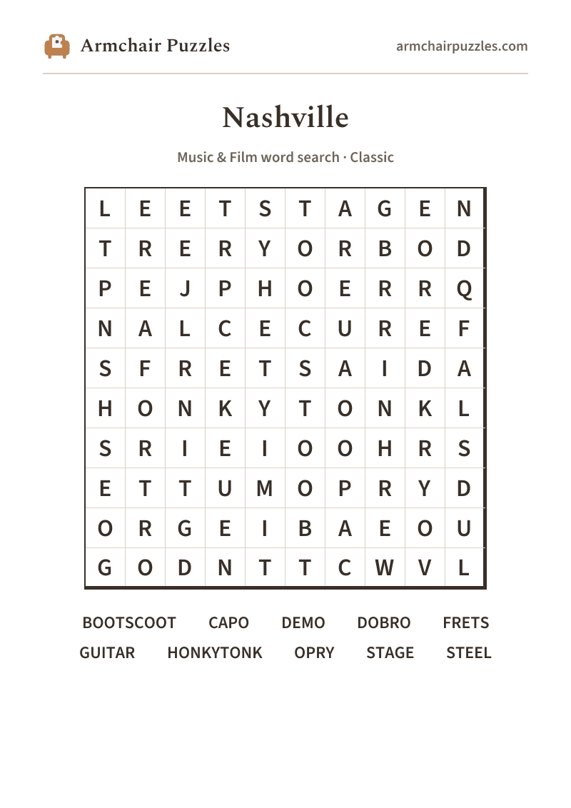 The printable Nashville word search sheet