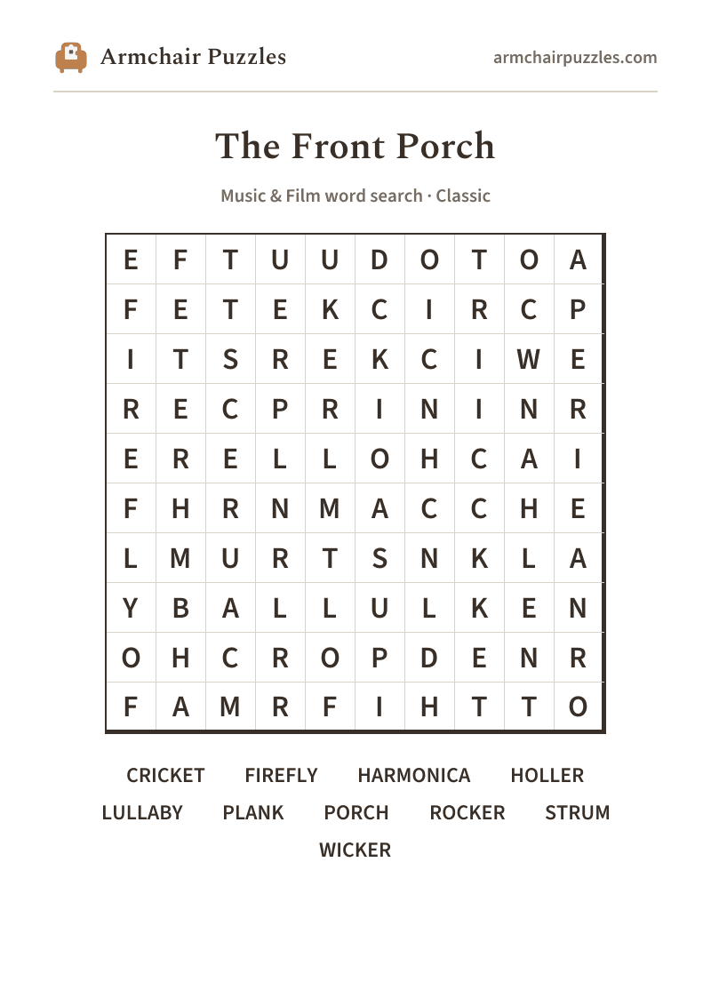 The printable The Front Porch word search sheet