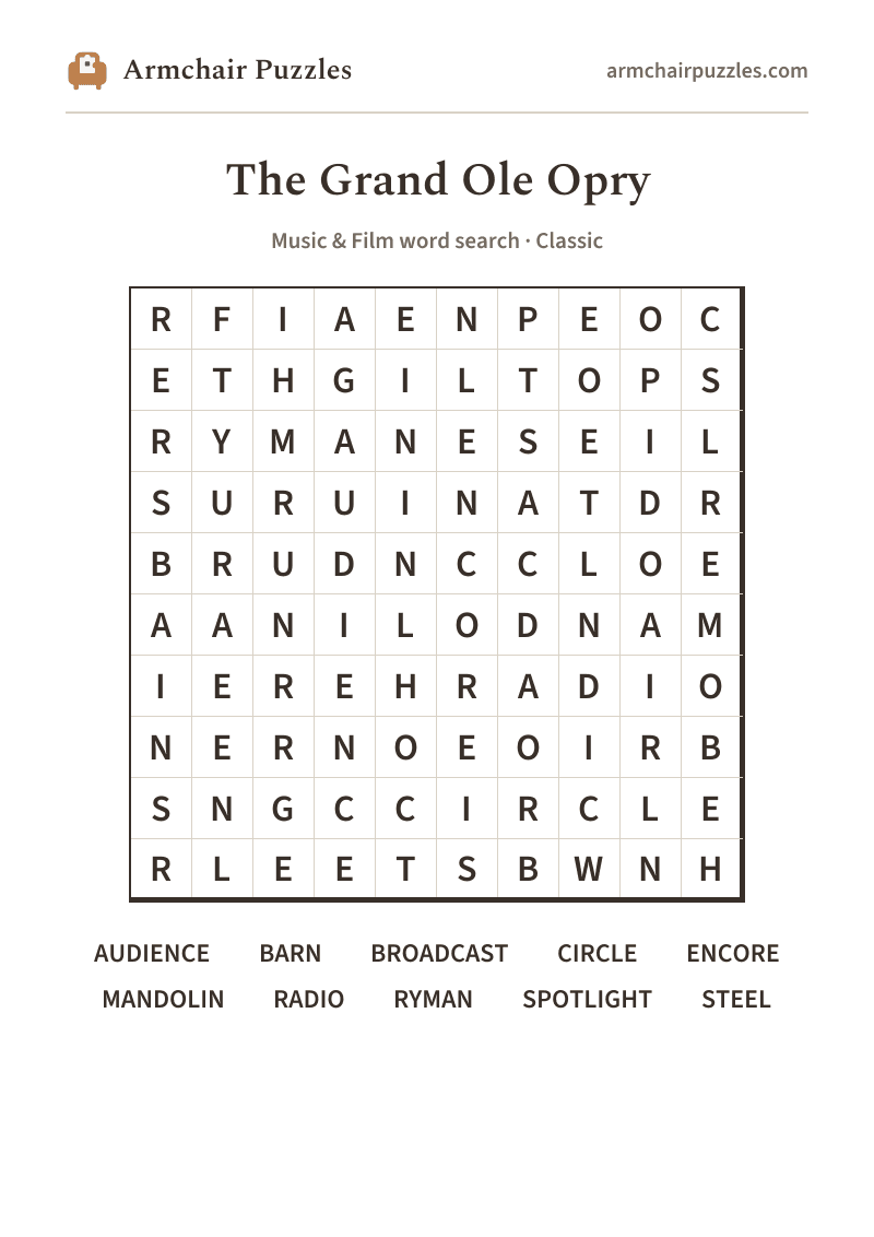 The printable The Grand Ole Opry word search sheet: large-print Classic grid with its word list