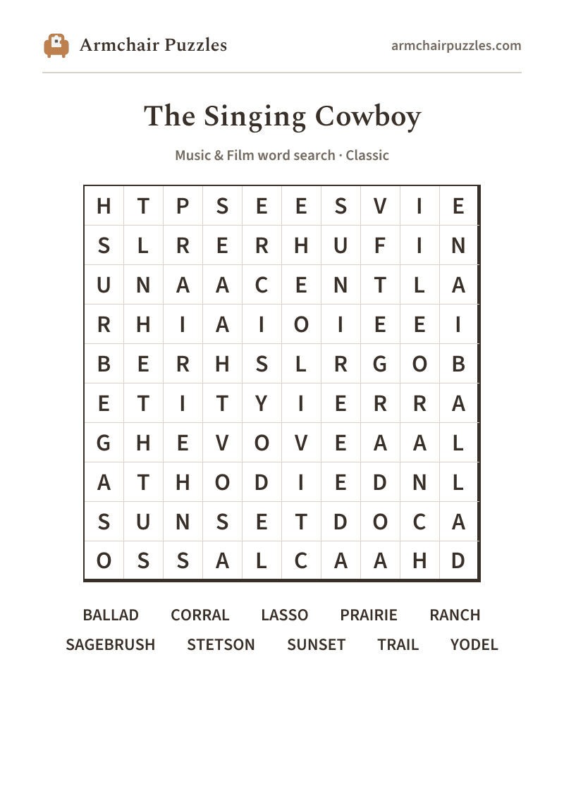 The printable The Singing Cowboy word search sheet