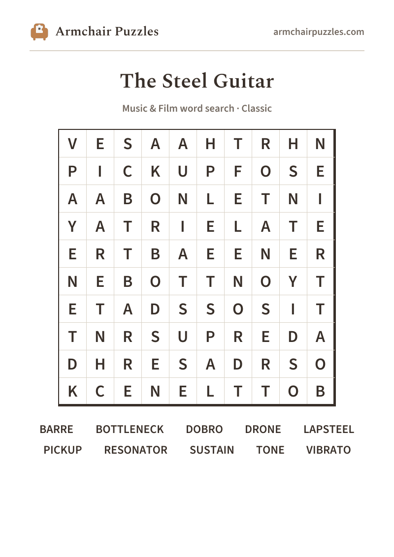 The printable The Steel Guitar word search sheet
