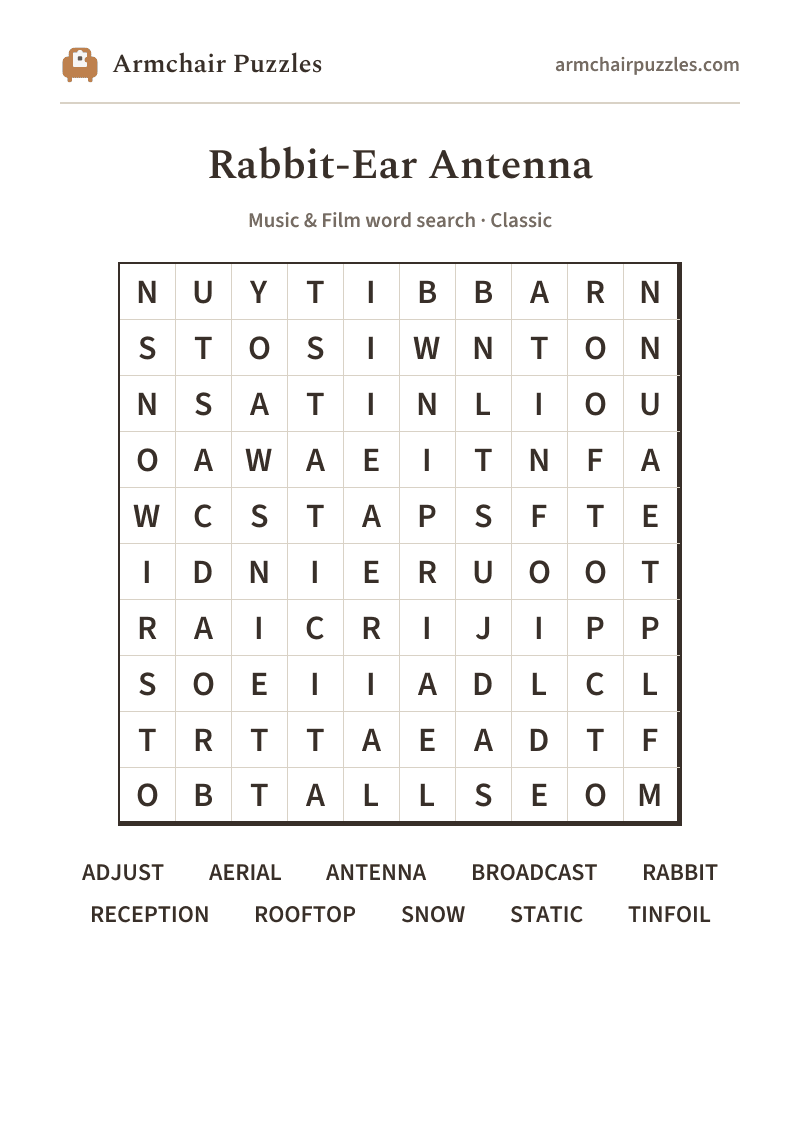 The printable Rabbit-Ear Antenna word search sheet