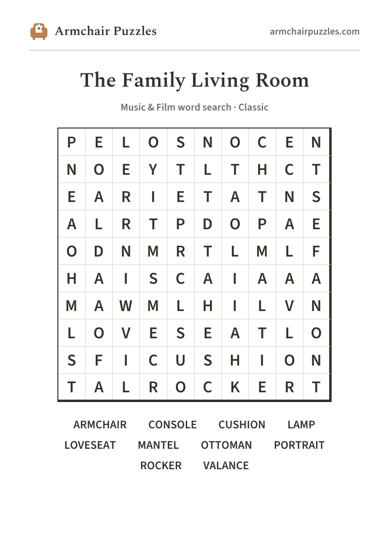 The printable The Family Living Room word search sheet