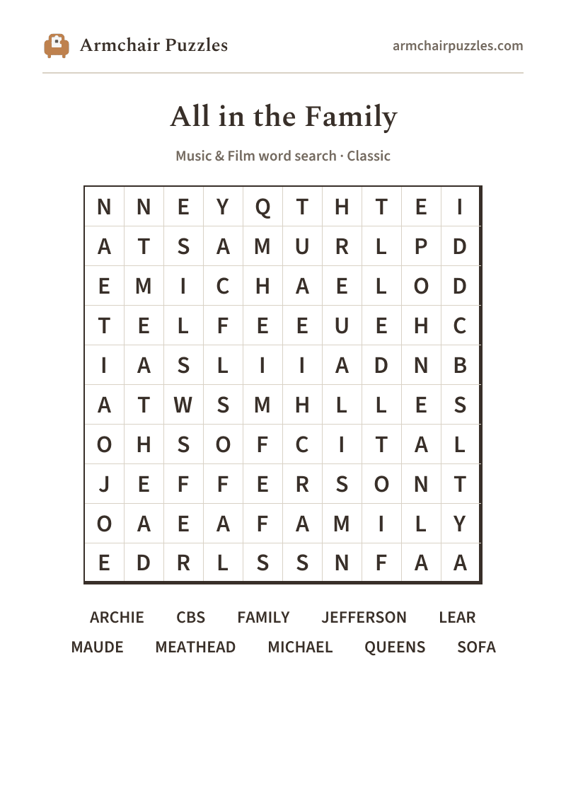 The printable The Family Living Room word search sheet