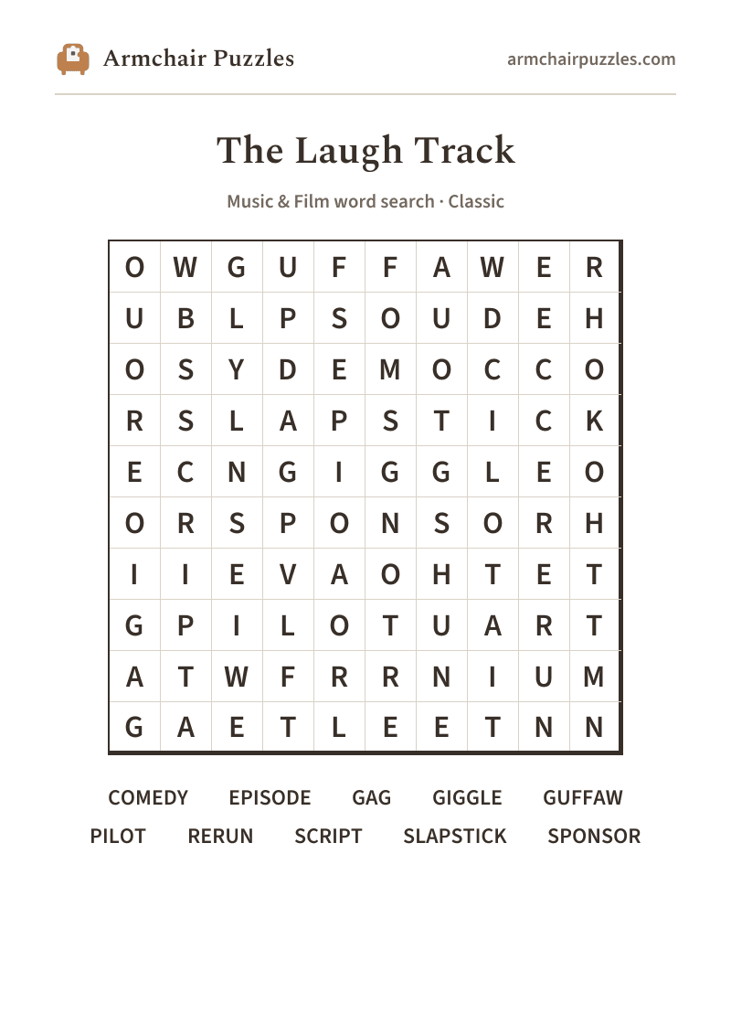 The printable The Laugh Track word search sheet