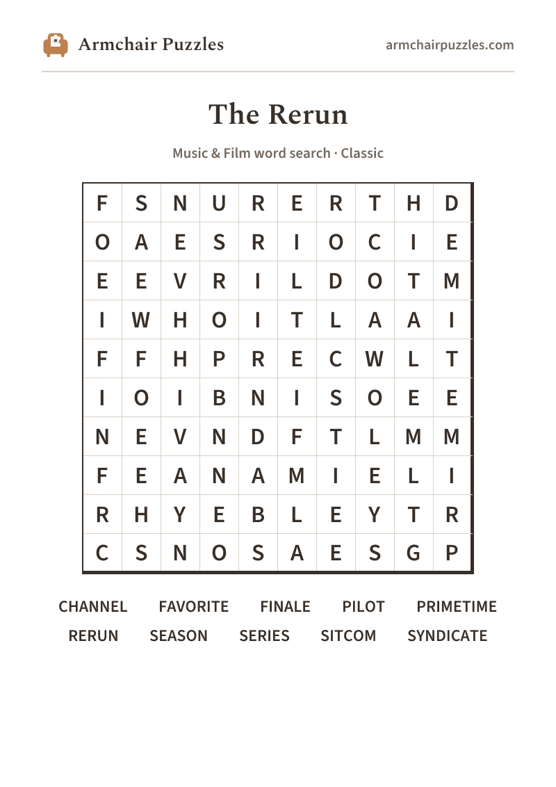 The printable The Rerun word search sheet