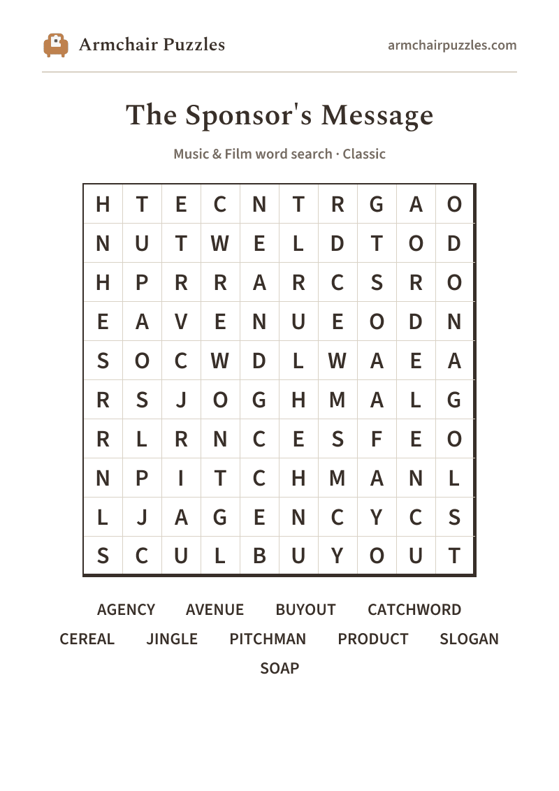 The printable The Sponsor's Message word search sheet