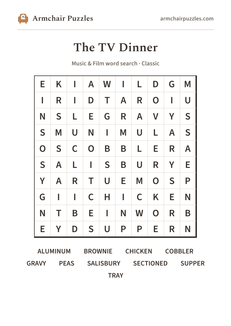 The printable The TV Dinner word search sheet