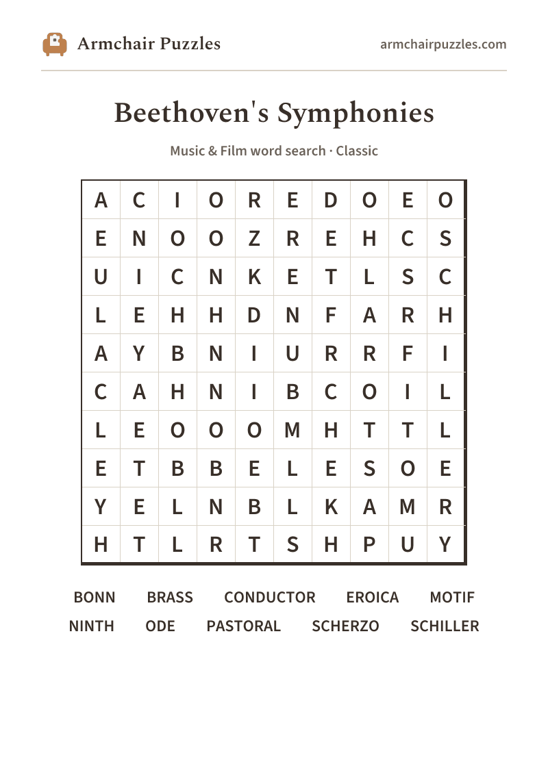 The printable Beethoven's Symphonies word search sheet