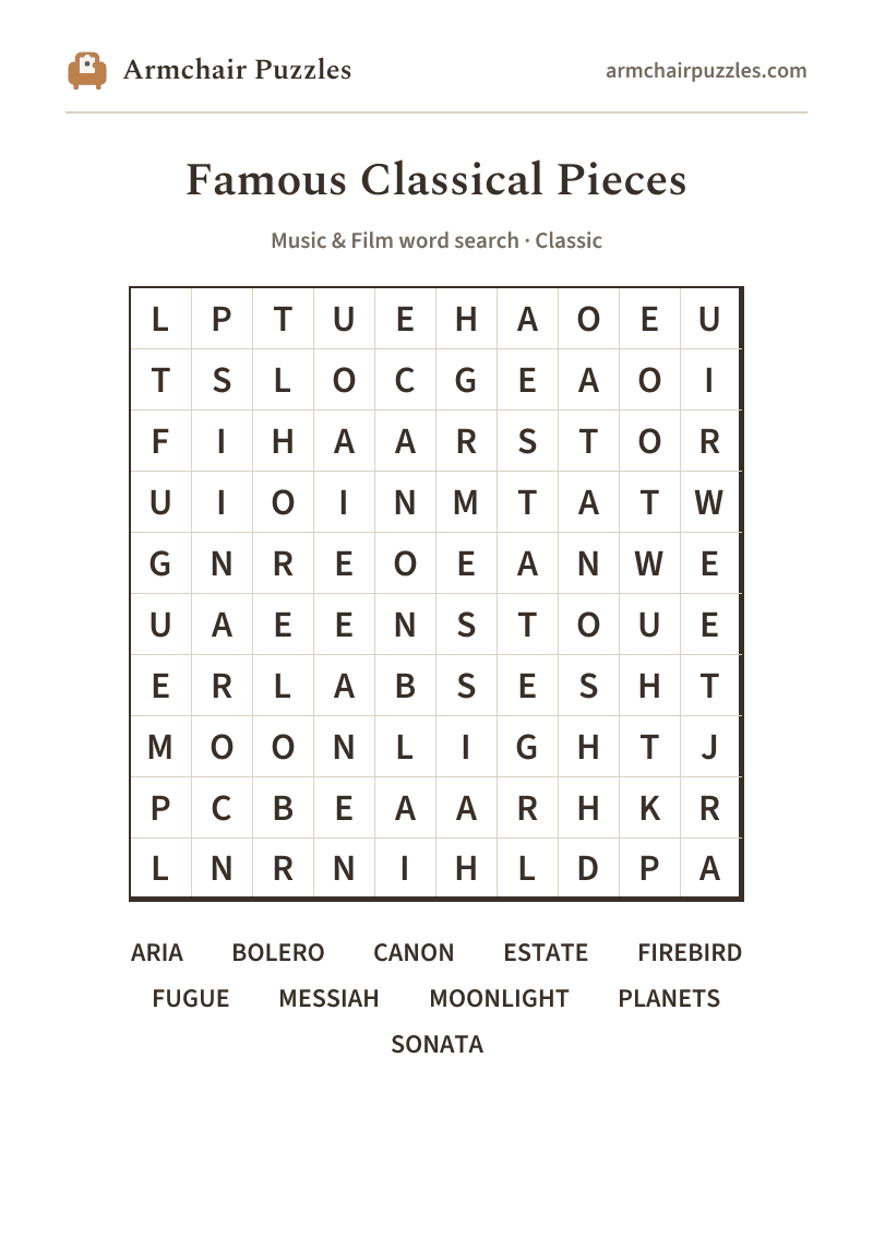 The printable Famous Classical Pieces word search sheet: large-print Classic grid with its word list