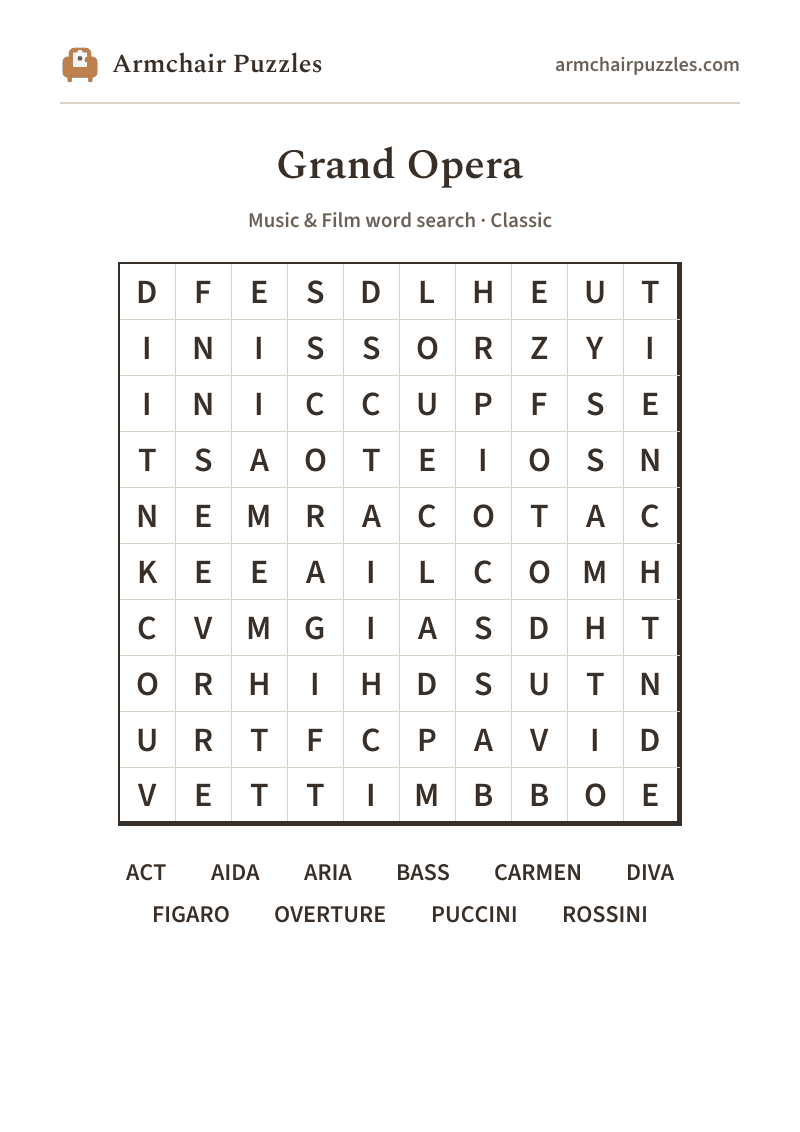 The printable Grand Opera word search sheet